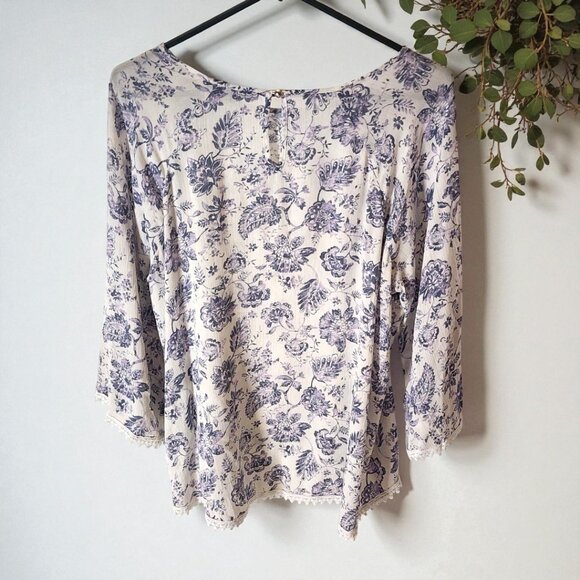 Papermoon Floral Blouse – Blue White Boho Print Lace Trim Top Sz L - Picture 2 of 9